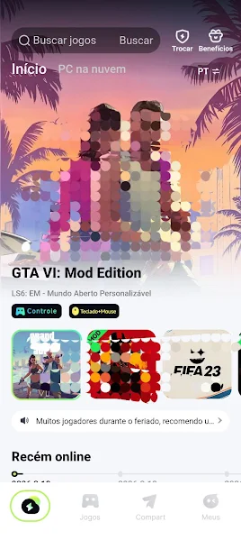 Up Cloud Gaming app interface showing game library and browsing